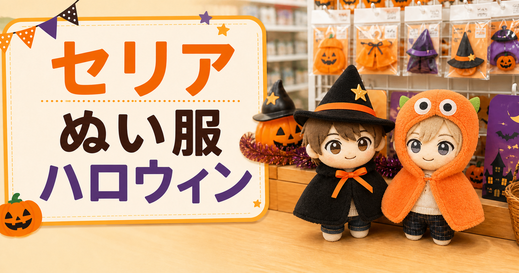 セリアのハロウィン向けぬい服を着た2体のぬいぐるみ
